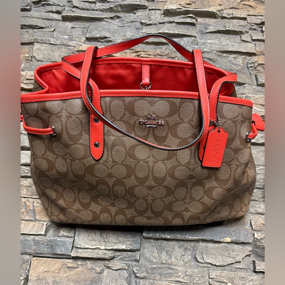 Coach F57842 Signature Drawstring Carryall Shoulder Bag Brown Orange